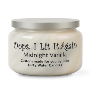 Candle jar for Oops I Lit It Again, light cream color with black swirls