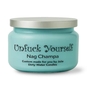 Candle Unfuck Yourself, light blue color